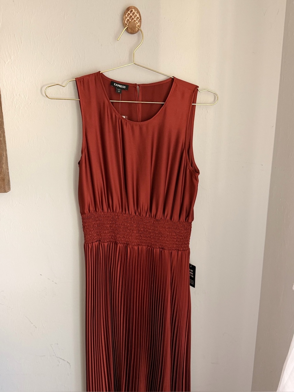 Express Sleeveless Pleated Maxi Dress in Rust